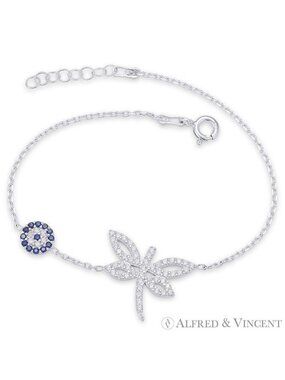 Dragonfly & Evil Eye Nazar Charm Bracelet CZ Crystals in .925 Sterling Silver